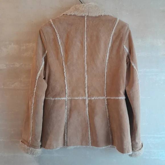 175a. vintage tan Maurices leather y2k Penny Lane coat with faux fur trim, M - Picture 5 of 7